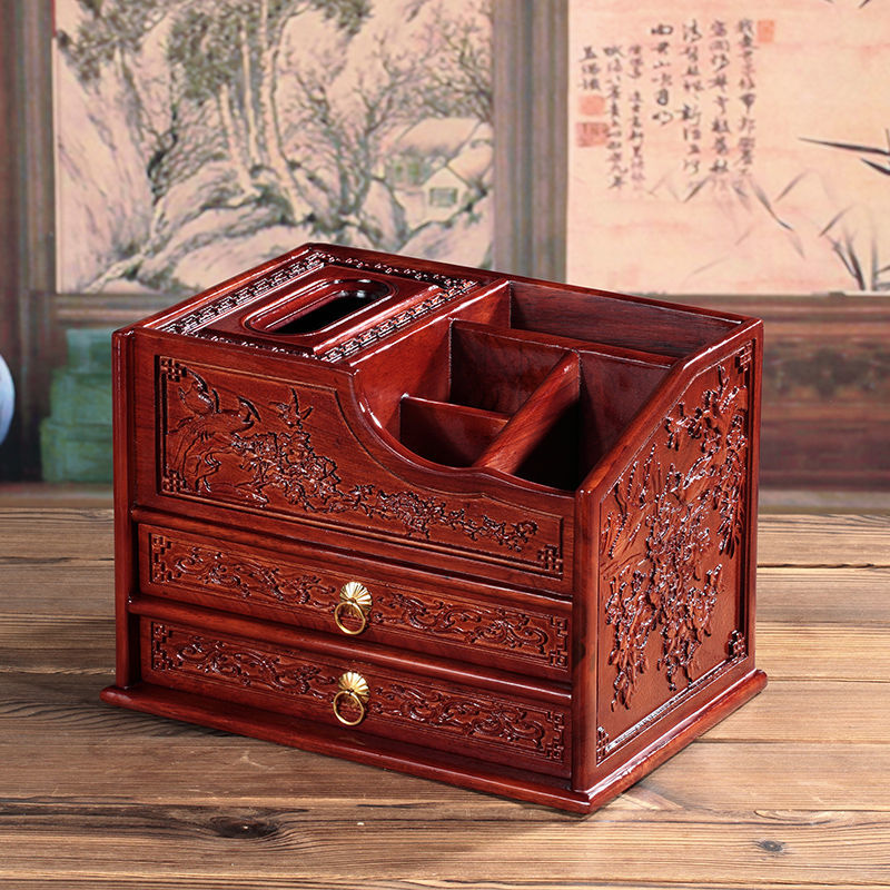 桌面实木置物客厅复古中式多层纸巾盒化妆品首饰收纳盒广迎四海