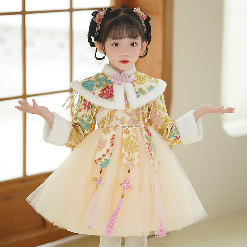 儿童汉服女童公主裙加绒中国风拜年服宝宝洋气红色汉服女童冬装