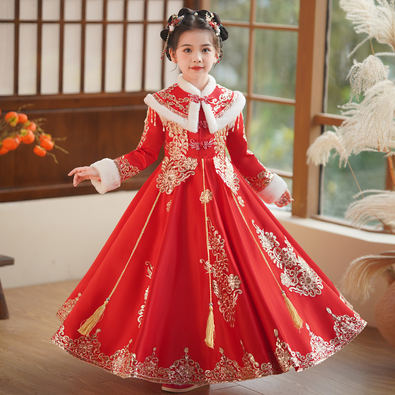 汉服女童拜年服冬季儿童中国风加绒秋冬套装小女孩过汉服女童冬装