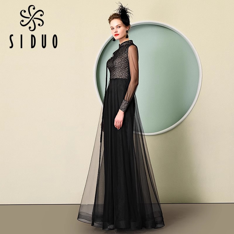 【思朵】S73760蕾丝显瘦气质时尚黑色长款设计师优雅复古春夏礼服