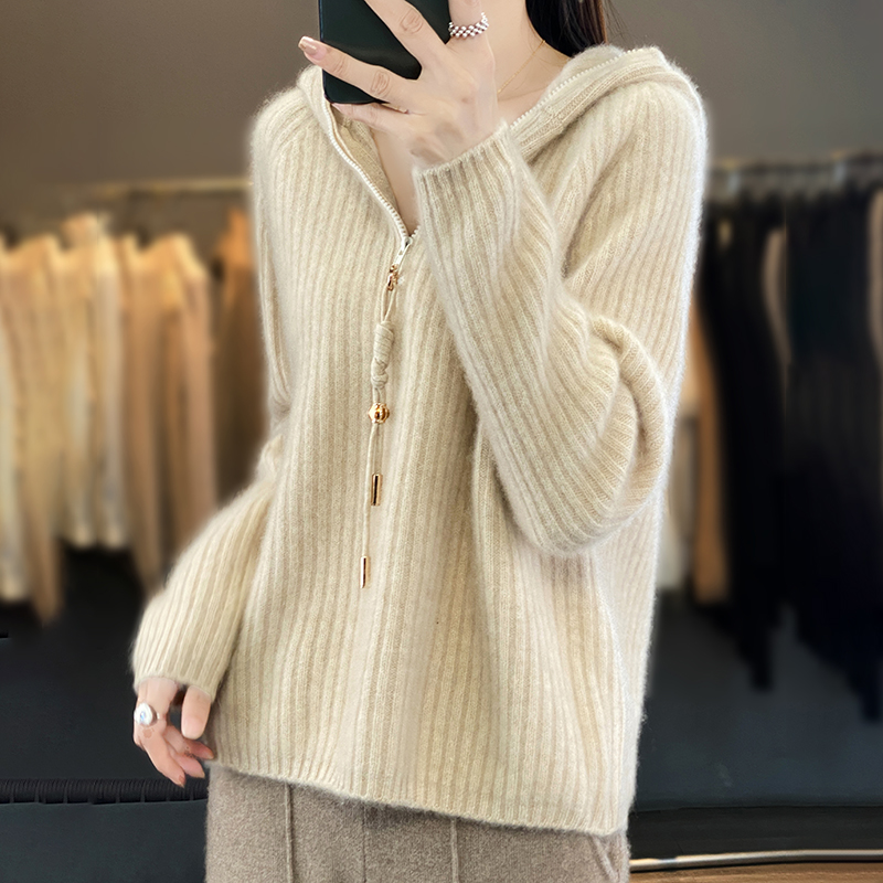 23秋冬新款100纯羊绒帽衫女连帽抽条加厚套头毛衣羊毛针织打底衫2