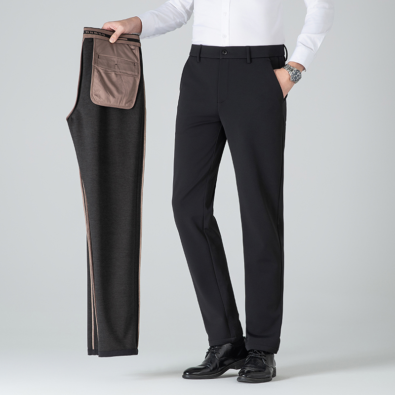 男士加绒加厚西裤防风保暖商务休闲裤中年直筒宽松弹力高腰长裤子