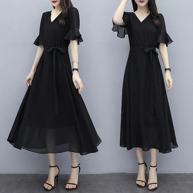 大码气质修身荷叶袖纯色五分袖长款连衣裙赫本风小黑裙（09款）