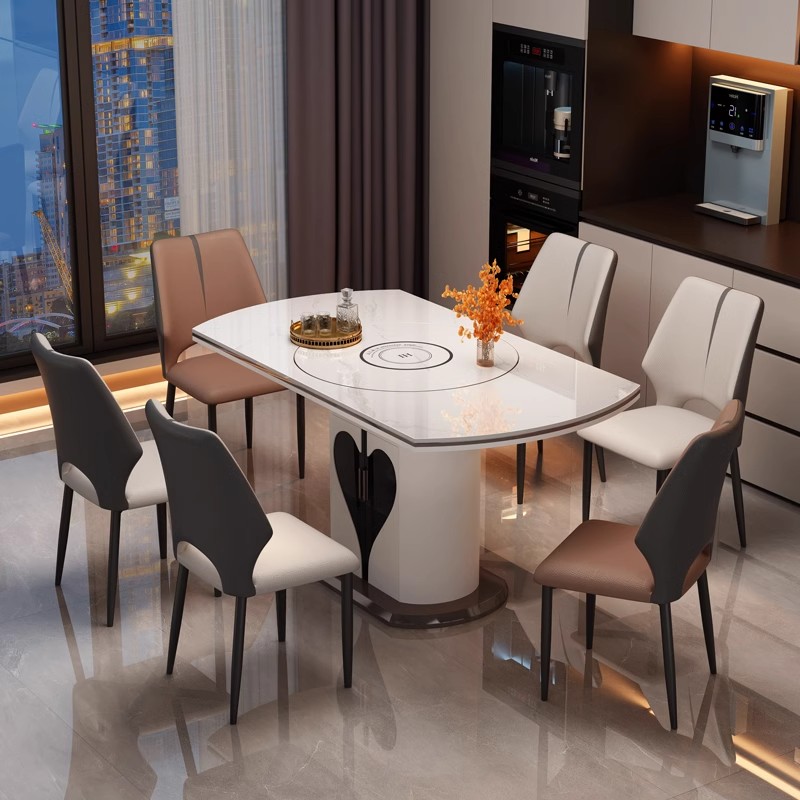 现代简约轻奢岩板餐桌椅组合家用可伸缩方圆两用小户型旋转吃饭桌