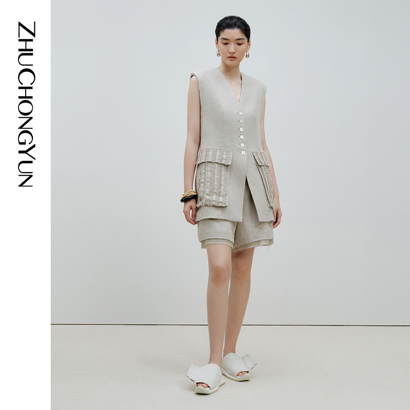 ZHUCHONGYUN2024夏新款毛羽流苏V领亚麻质感背心马甲C1EG20144