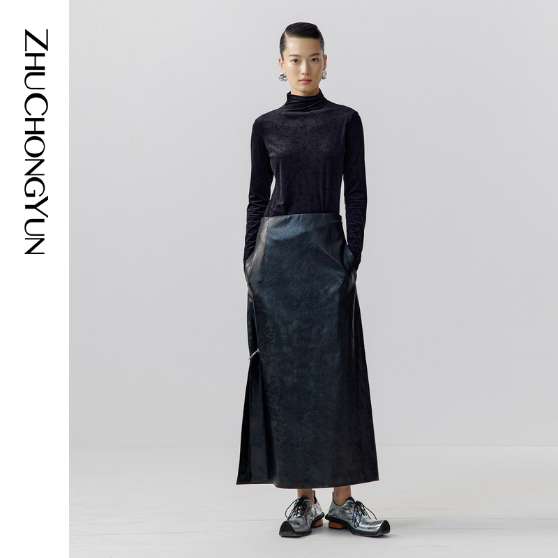 ZHUCHONGYUN2024春新款黑色修身高领内搭打底缎面打底衫C1EG15071