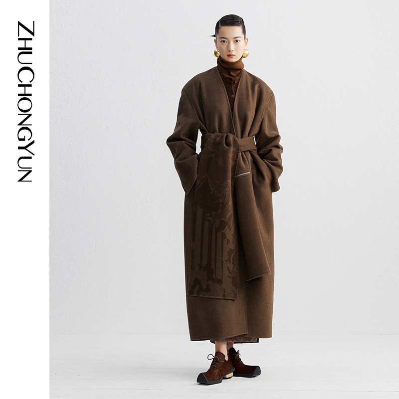 ZHUCHONGYUN冬深咖色宽松防寒宽肩双面呢大衣C1DE4051D