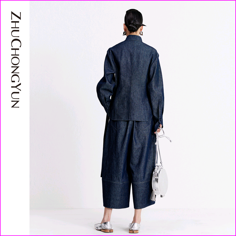 ZHUCHONGYUN2023秋新款斜门襟系带立领牛仔上衣长袖中式C1DE30301