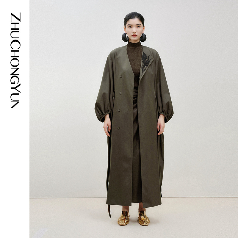 ZHUCHONGYUN2024春新款深棕色简约斜门襟配腰带大衣外套C1EG11228