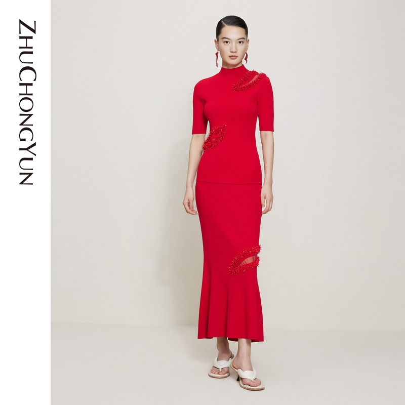 【新中式婚嫁】ZHUCHONGYUN镂空刺绣上衣红色针织衫中国风C1CX3828M