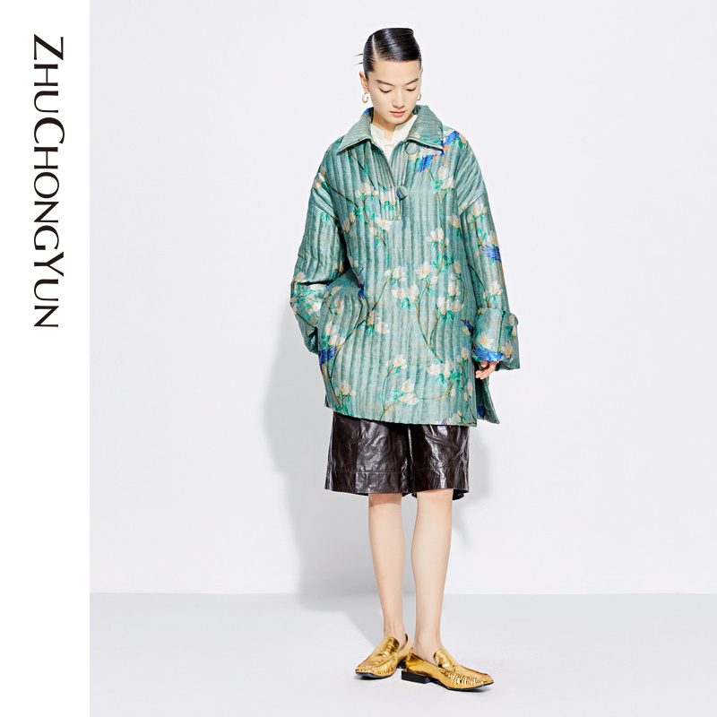 【林菁提花】ZHUCHONGYUN冬新中式直身开叉长款棉搂上衣C1CX4293L