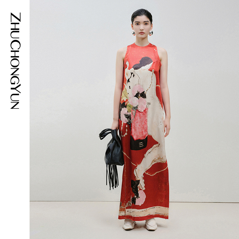 【春日花音】ZHUCHONGYUN春无袖红色礼服长款连衣裙C1EG12786