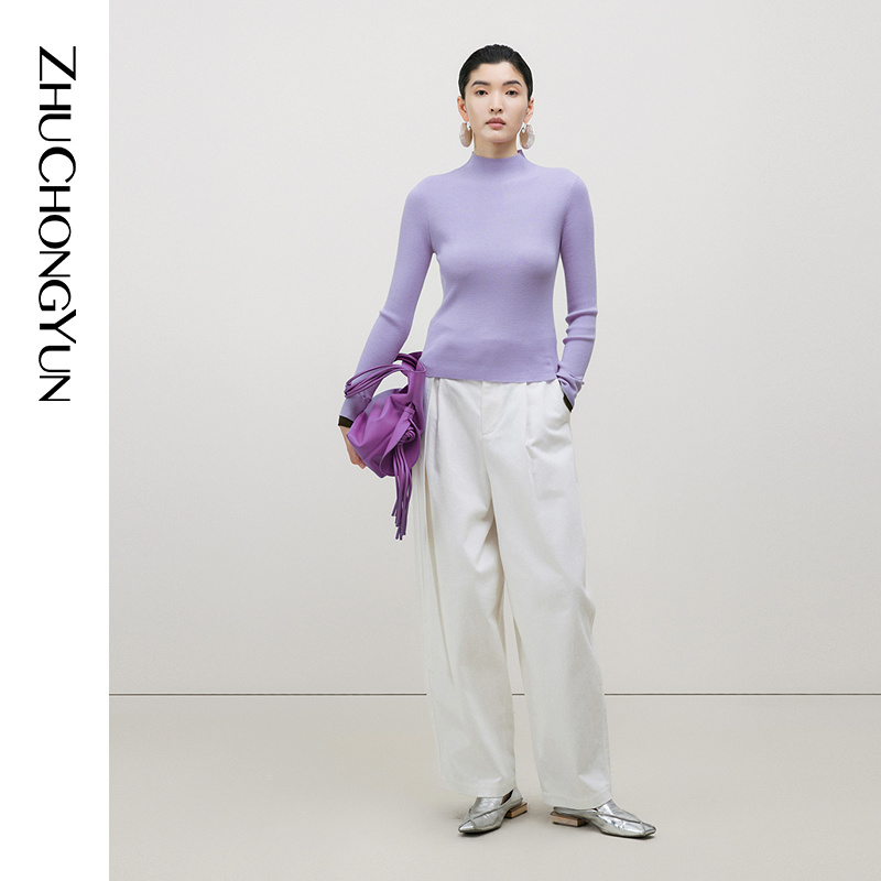 ZHUCHONGYUN袖口拼接撞色修身版型针织打底衫上衣C1EG1768M