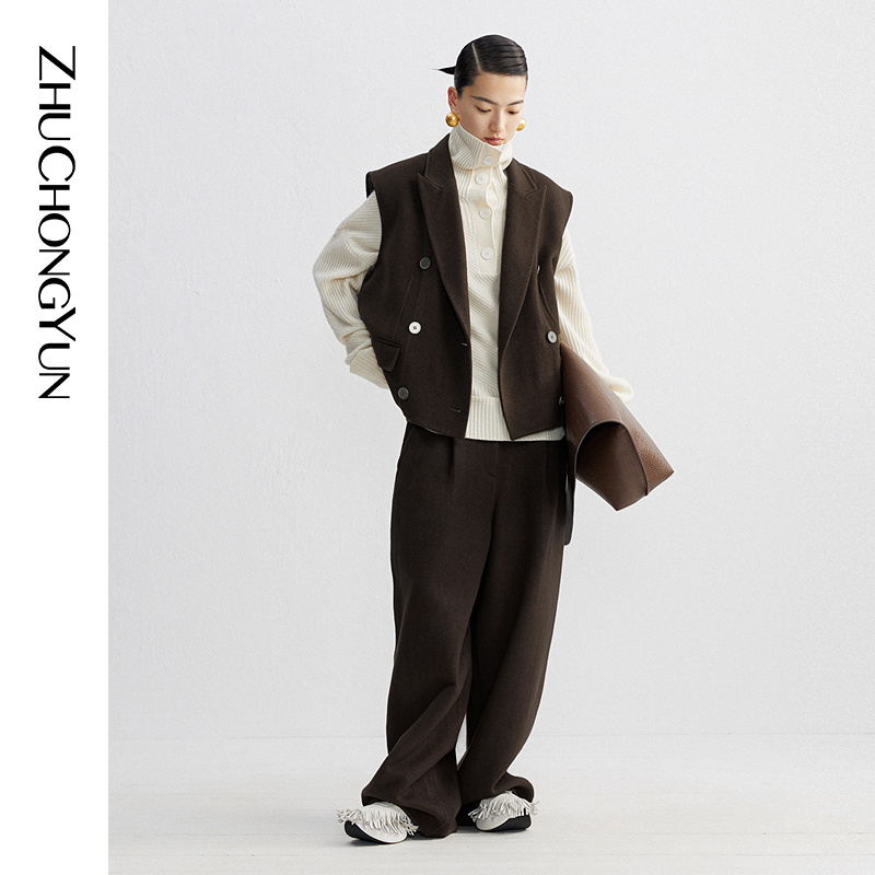 ZHUCHONGYUN冬深咖色双面呢马甲C1DE40864