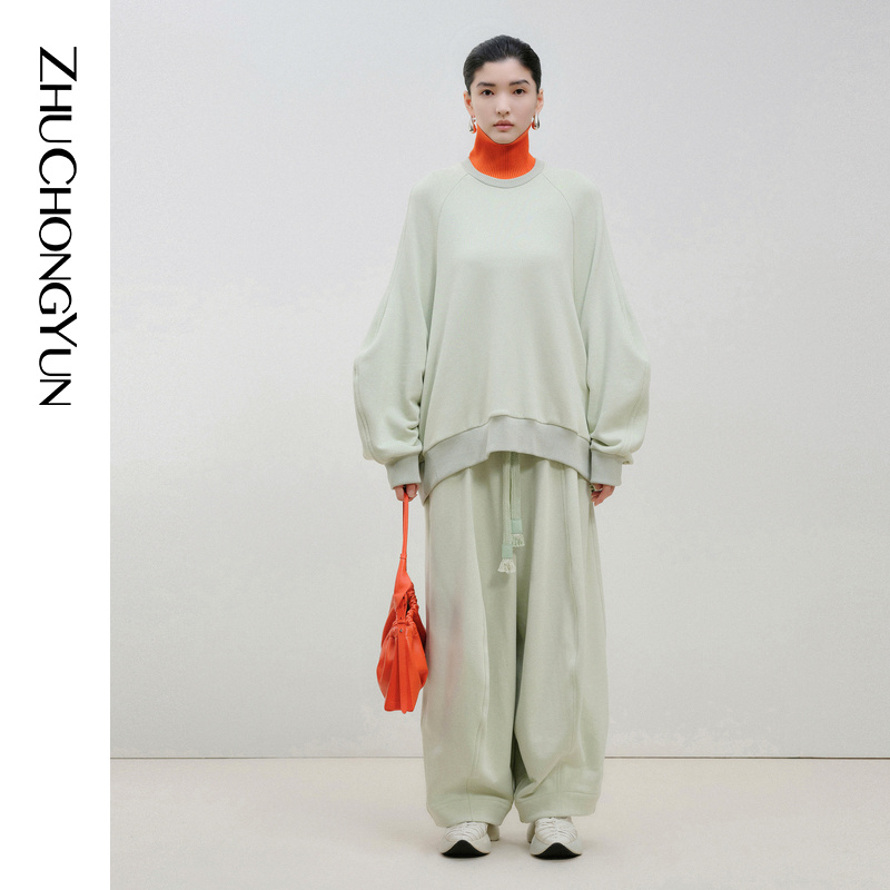 ZHUCHONGYUN24简约直筒版型绿色绑带收腰长裤裤子C1EG12505