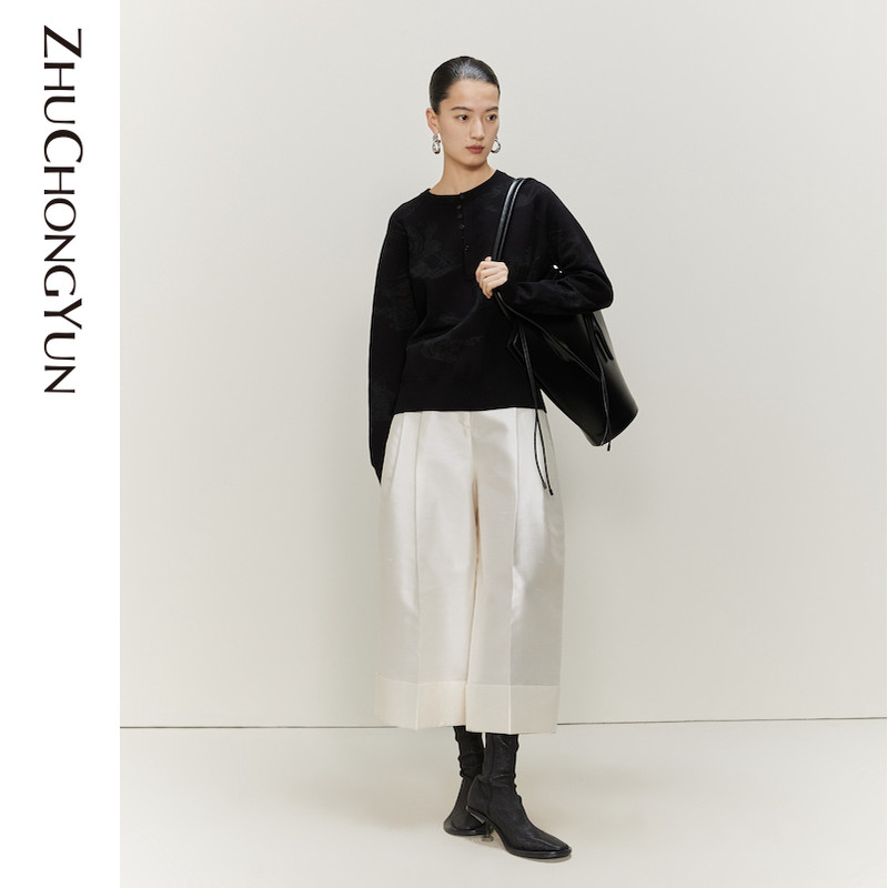 ZHUCHONGYUN新款通勤时尚白鹳提花桑蚕丝针织衫女士百搭C1CX1757M