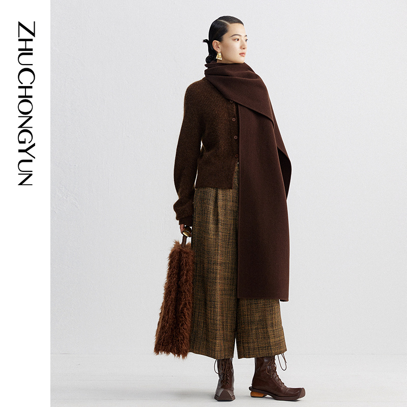 【马海毛】ZHUCHONGYUN2023冬深咖羊毛圆领松身针织开衫C1DE4801M
