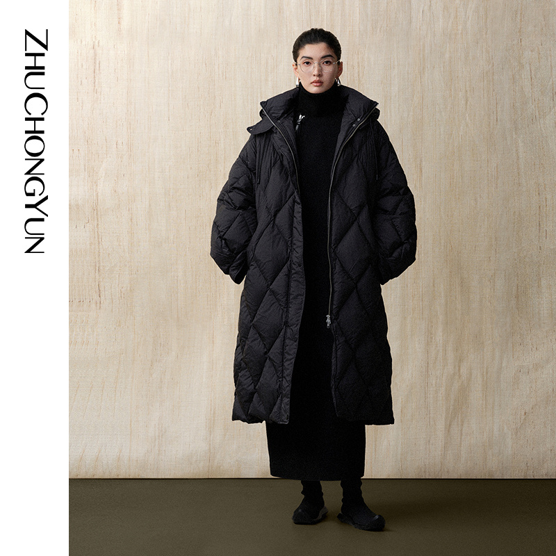 ZHUCHONGYUN冬新款宽松廓型白鹅绒黑色格纹羽绒服C1AY4220Y