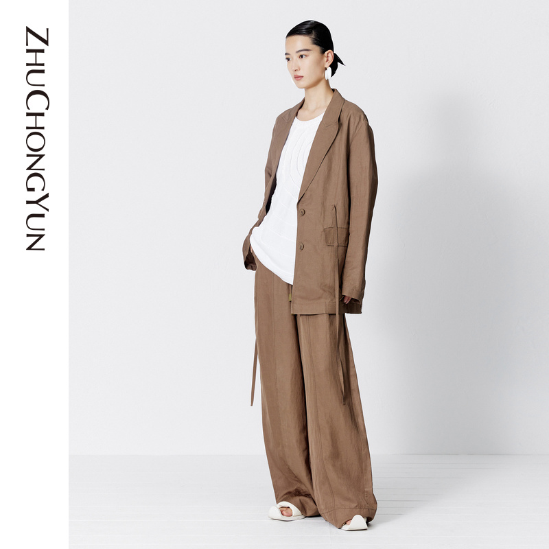 ZHUCHONGYUN2023夏新款亚麻休闲垂坠感抽绳系带阔腿长裤C1DE21675