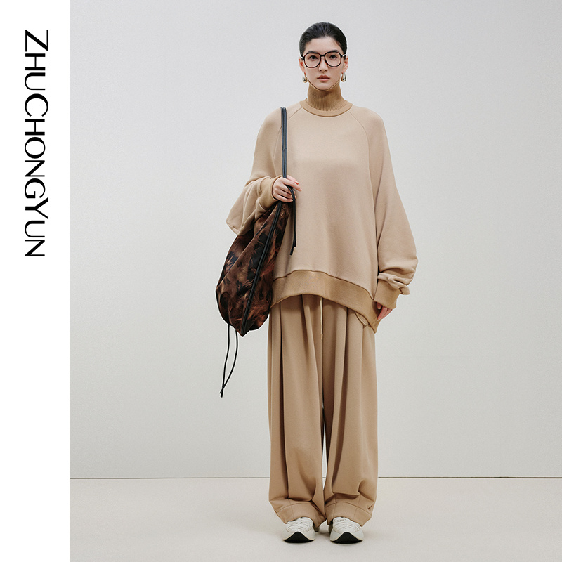 ZHUCHONGYUN春东方感卡其拼接罗纹时尚卫衣上衣C1EG12571