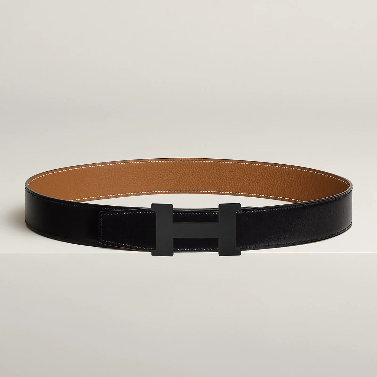 全新未使用 Hermes/爱马仕 黑棕男士 3.8cm 双面腰带黑扣全套礼盒