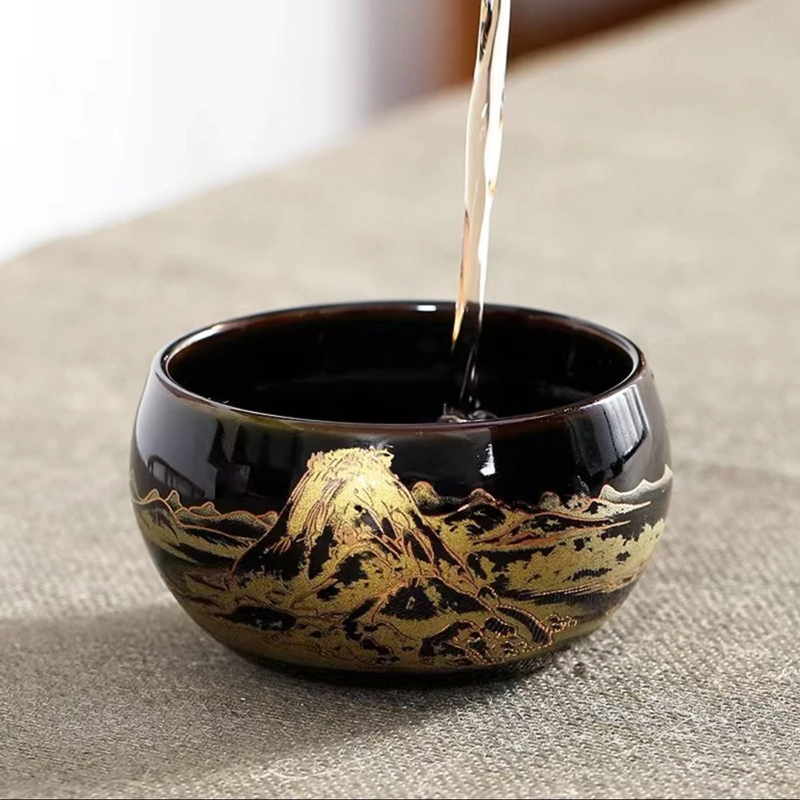 【乌金木叶】乌金釉手工描金千里江山图高端主人杯玉洁冰清无礼盒