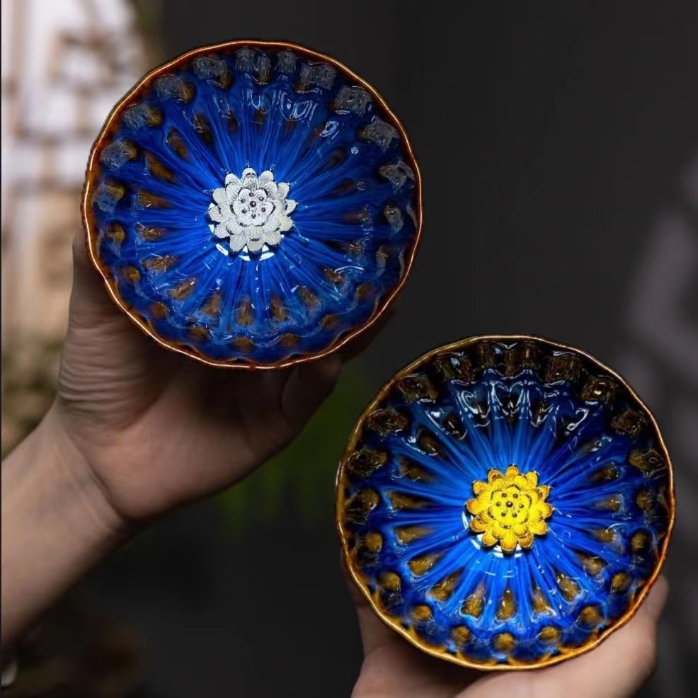 【情侣对杯】金银莲花杯无礼盒手工茶杯手绘盏杯精美主人杯品茗杯