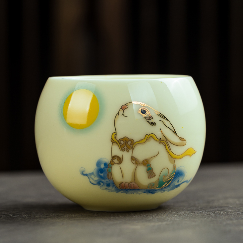 【玉兔望月】茶杯手工陶瓷手绘主人杯描金黄色白瓷 无礼盒