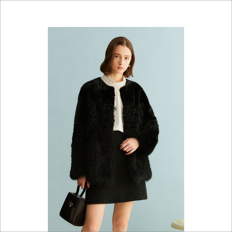 YINER/音儿YINER音儿女装冬款黑色气质拼接水貂皮草8C63509256