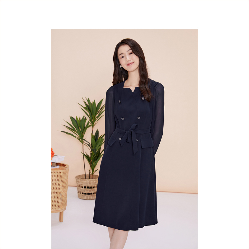 YINER音儿女装秋季款藏蓝色修身显瘦中长款连衣裙 8C63105606