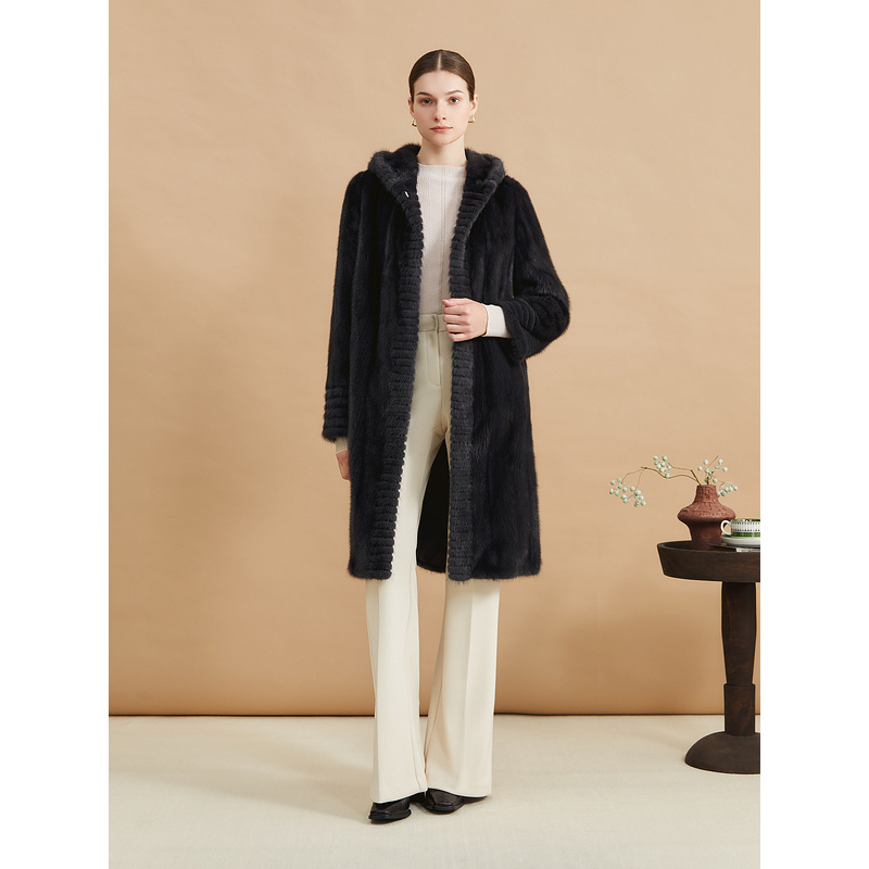 YINER音儿女装冬整貂连帽长款贵气深灰气质皮草外套8C44509016