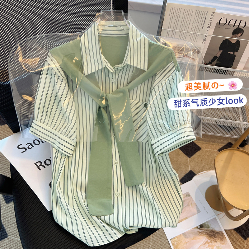 假两件条纹短袖雪纺衬衫女夏装2024夏季新款时尚气质百搭上衣小衫