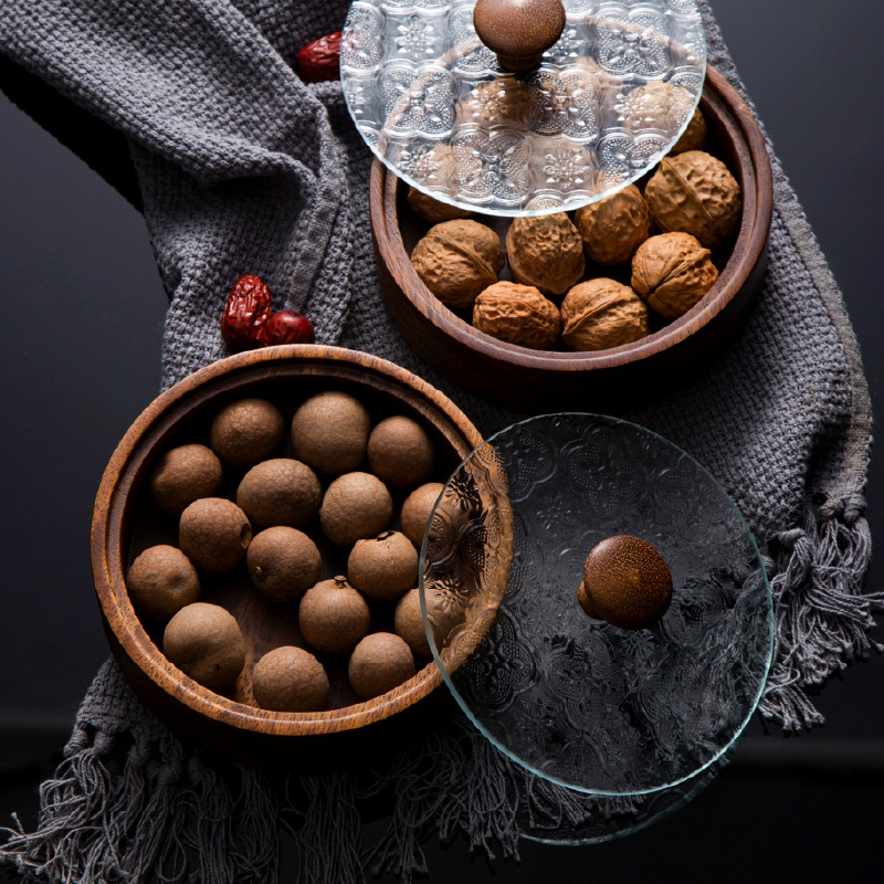 南美胡桃木 干果盒带盖  圆钵实木果盘 海棠花玻璃防尘盒 hp-79