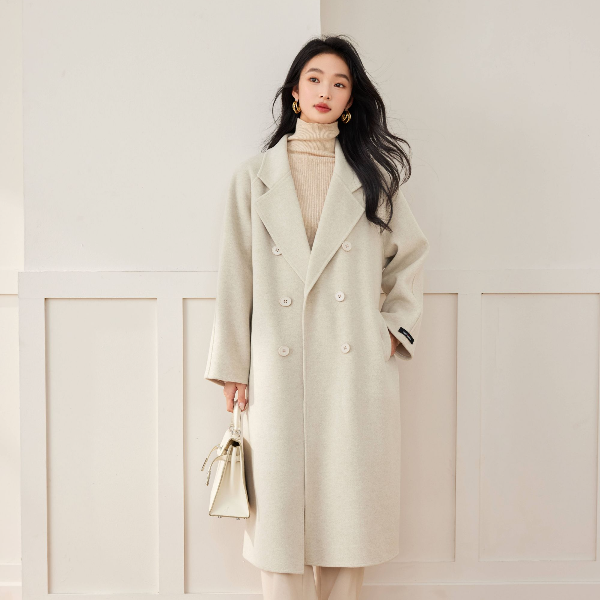 LOERVEERA洛薇拉经典六粒扣双面呢长款女士大衣压边时尚外套24001