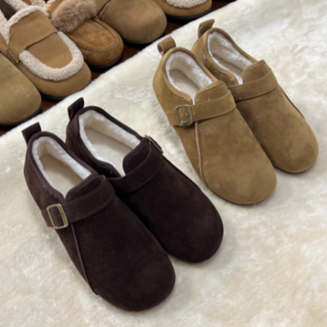 磨砂复古加绒勃肯鞋女2024全包冬季新款一脚蹬软底豆豆棉