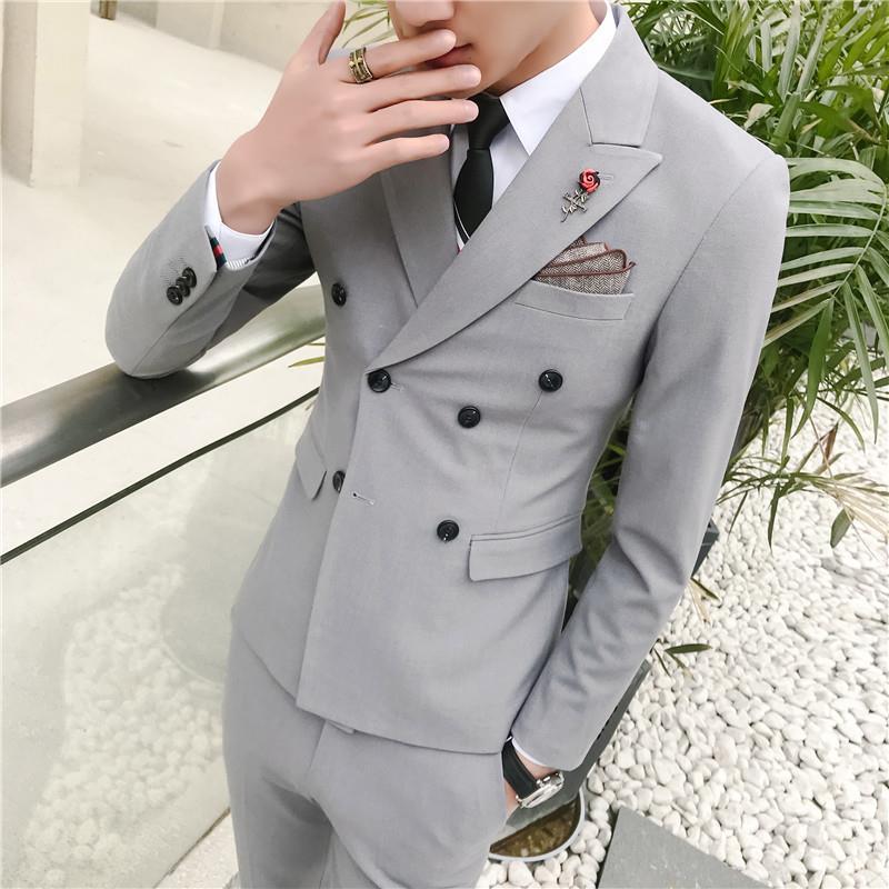 西服套装男双排扣修身韩版小西装商务休闲正装新郎结婚礼服三件套