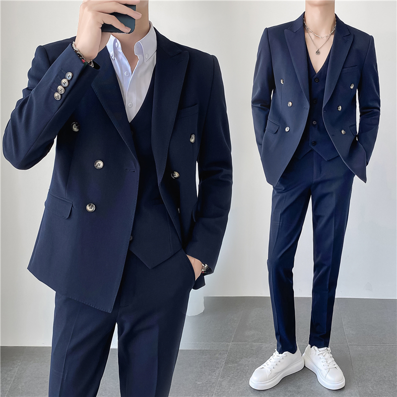 春秋新款ins轻熟风小西装外套韩版修身男士双排扣休闲西服套装潮