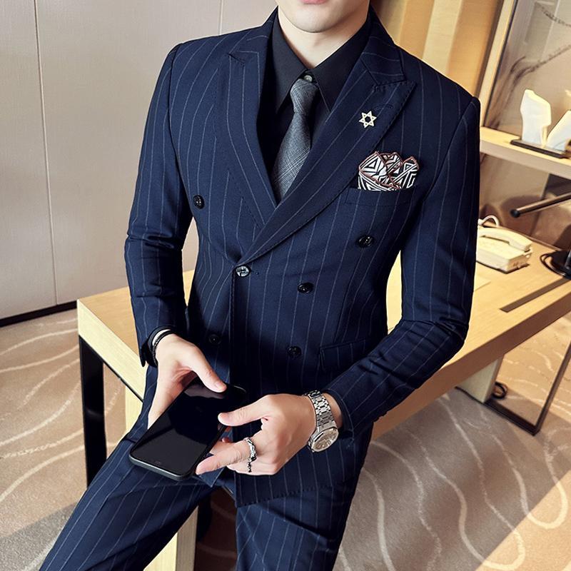 发型师条纹双排扣西装男套装商务休闲正装英伦风帅气结婚新郎西服