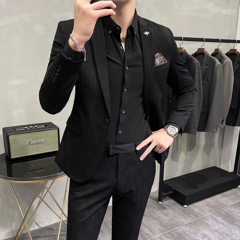 炸街暗条纹西装男高档礼服套装休闲大码韩版修身胖子外套痞帅西服