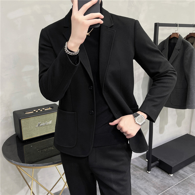 毛呢子休闲小西装外套男修身韩版帅气秋冬西服套装黑LJT208-P215