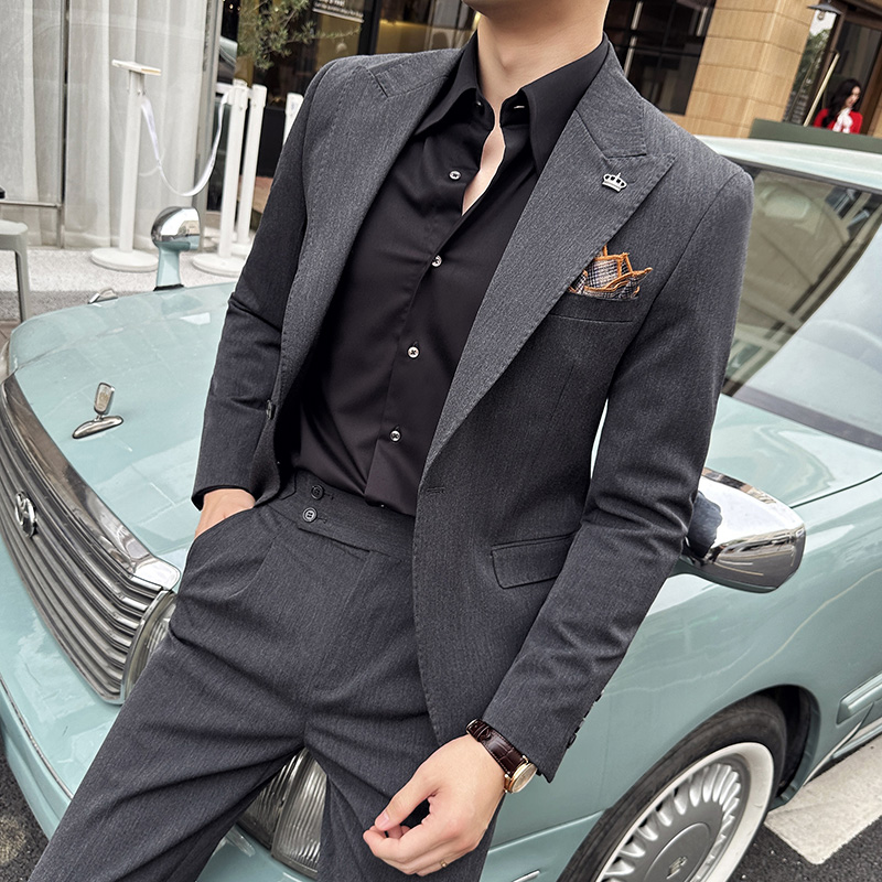 英伦商务休闲西装男套装韩版修身时尚戗驳领西服外套戗驳领西装
