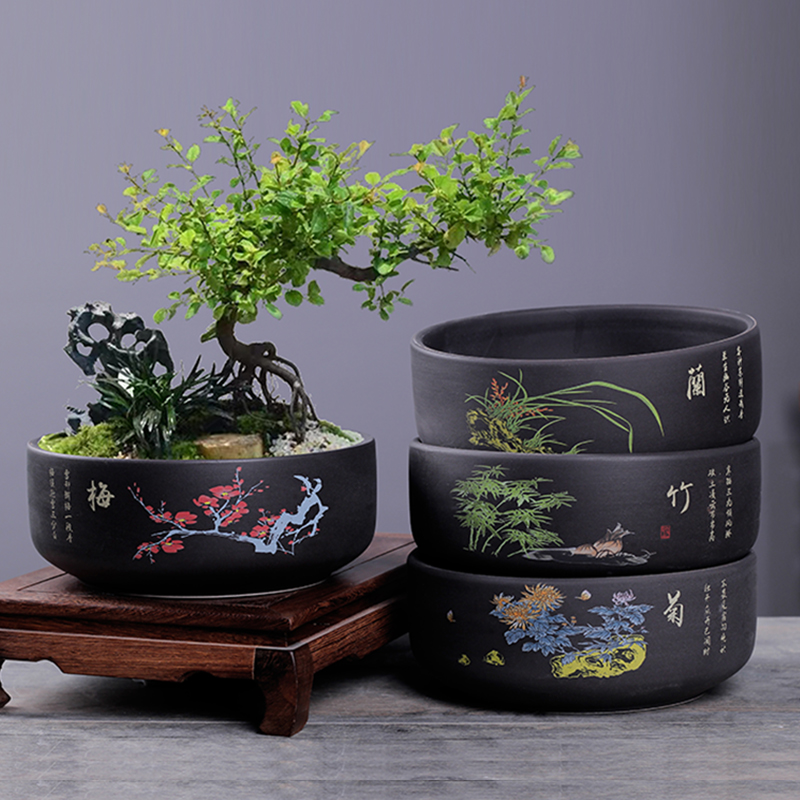 新中式大号花盆陶瓷透气盆景盆栽黑砂特价清仓桌面多肉拼盘花盆