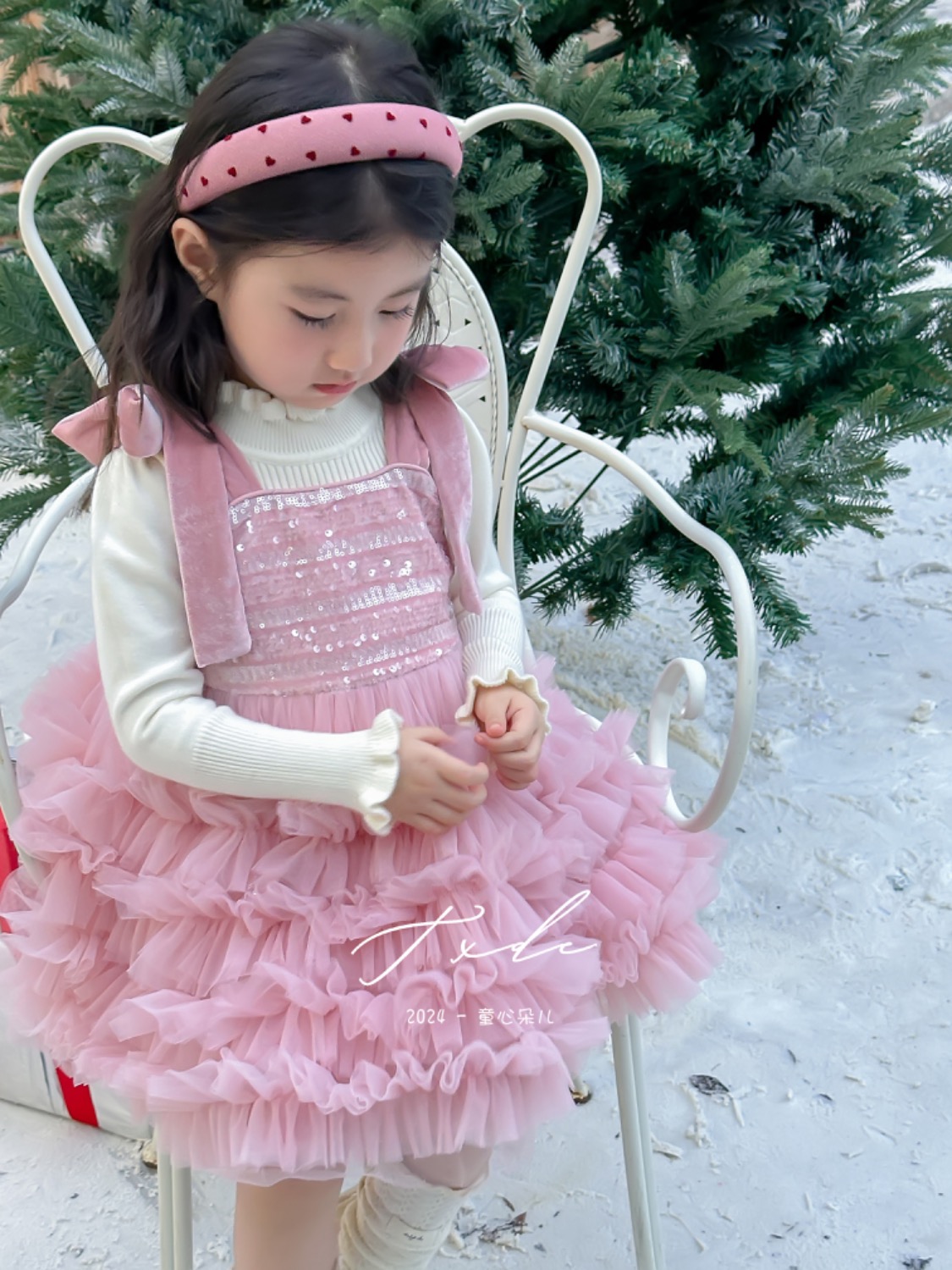 女童针织毛衣加绒亮片网纱连衣裙套装