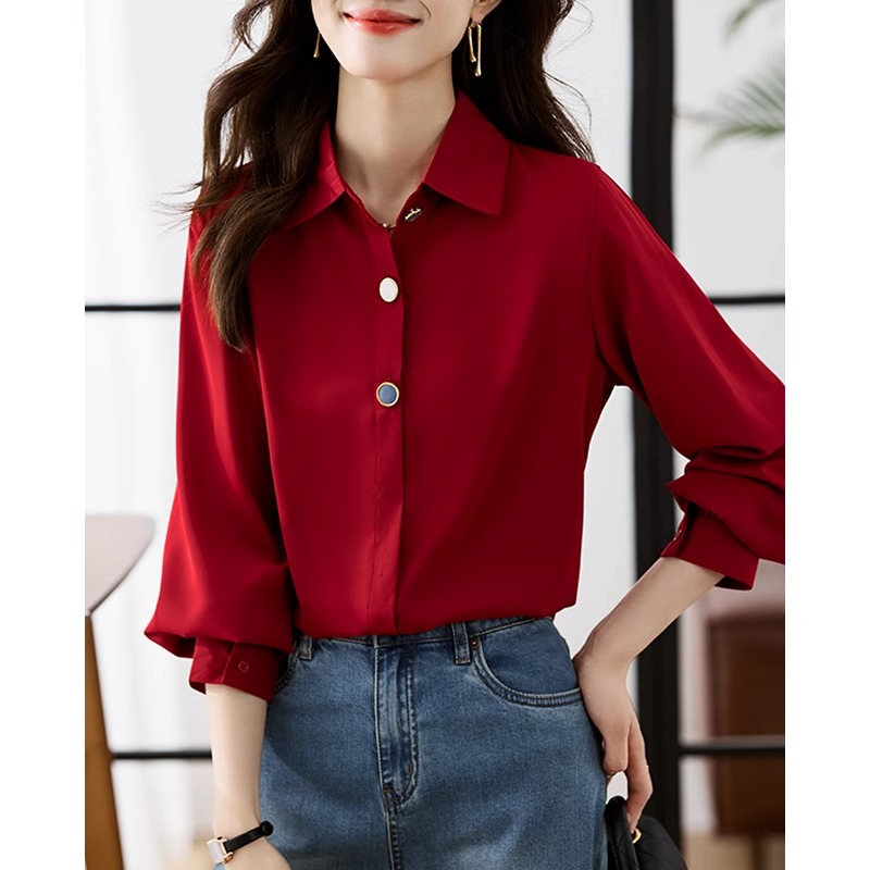 法式红色雪纺衬衫女秋季时尚洋气衬衣打底气质长袖上衣设计感高级
