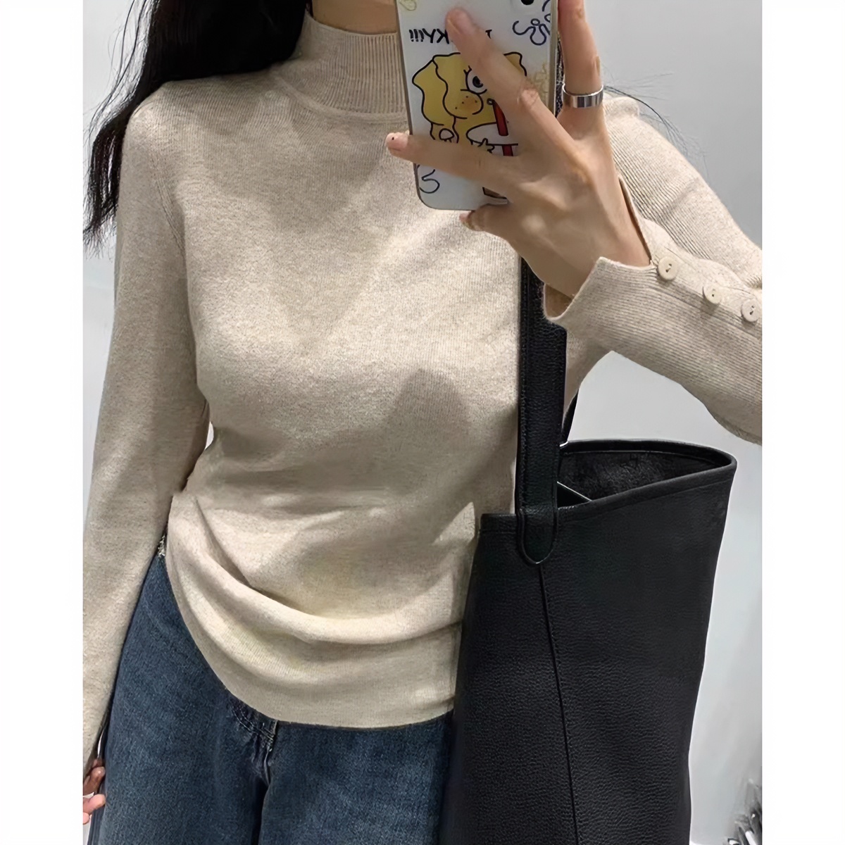 气质灰色半高领修身长袖针织衫上衣女春季高级感内搭软糯打底毛衣