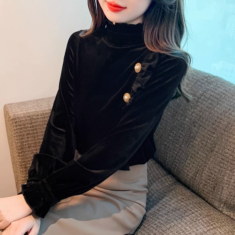 高端金丝绒上衣女秋冬2024新款秋季加绒黑色打底衫女内搭减龄洋气