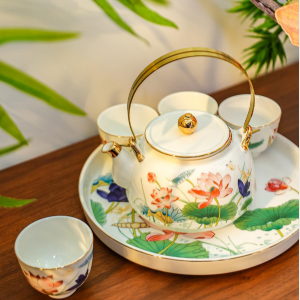 盛世荷花水具套装一壶四杯一盘中国风提梁壶客厅家用送礼水杯套装