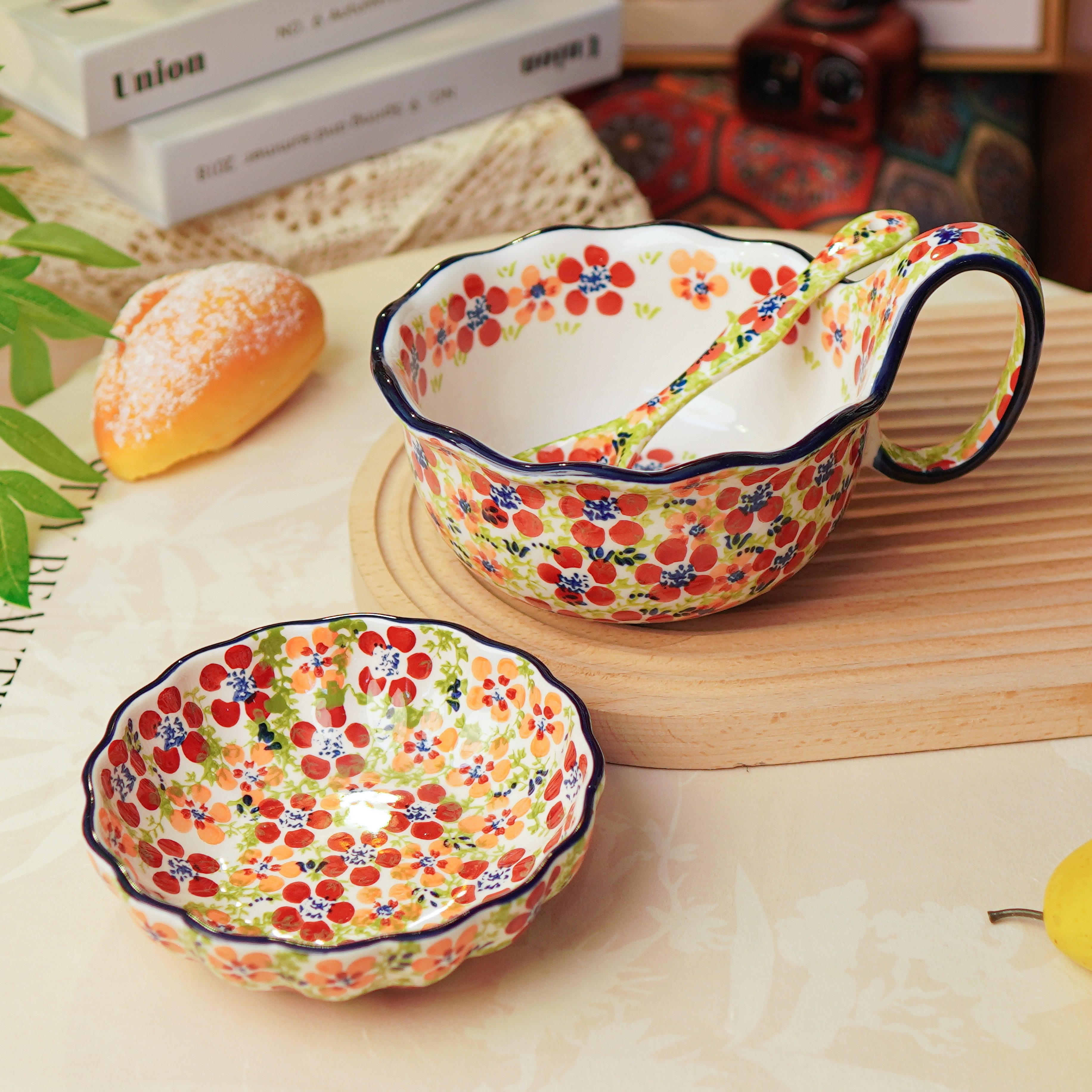 【三件套】波兰瓷手绘碧丝粉黛1000ml釉下彩曲把碗陶瓷沙拉面碗