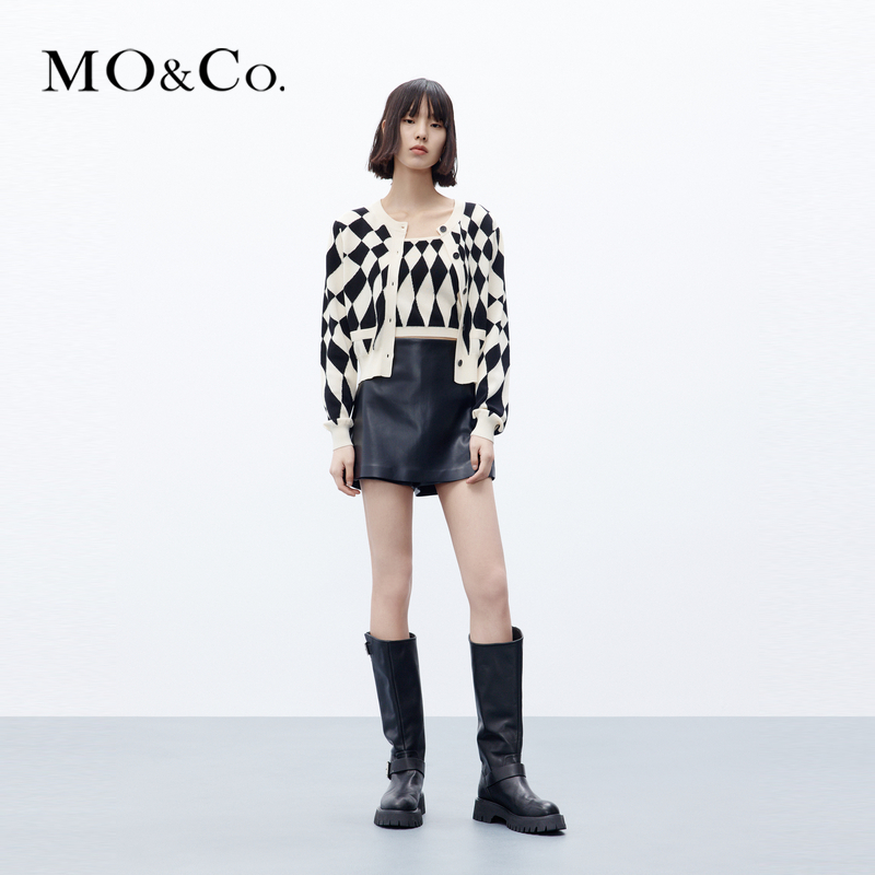 MOCO秋设计感棋盘格短款针织衫背心开衫老钱风MBC3CAR018