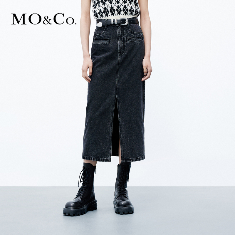 MOCO高腰开叉做旧黑色直筒棉质牛仔半身裙MBC3SKTK05